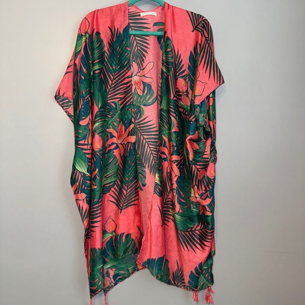 EUC Anthropologie Do Everything In Love Coral Palm Kimono Duster OSFM